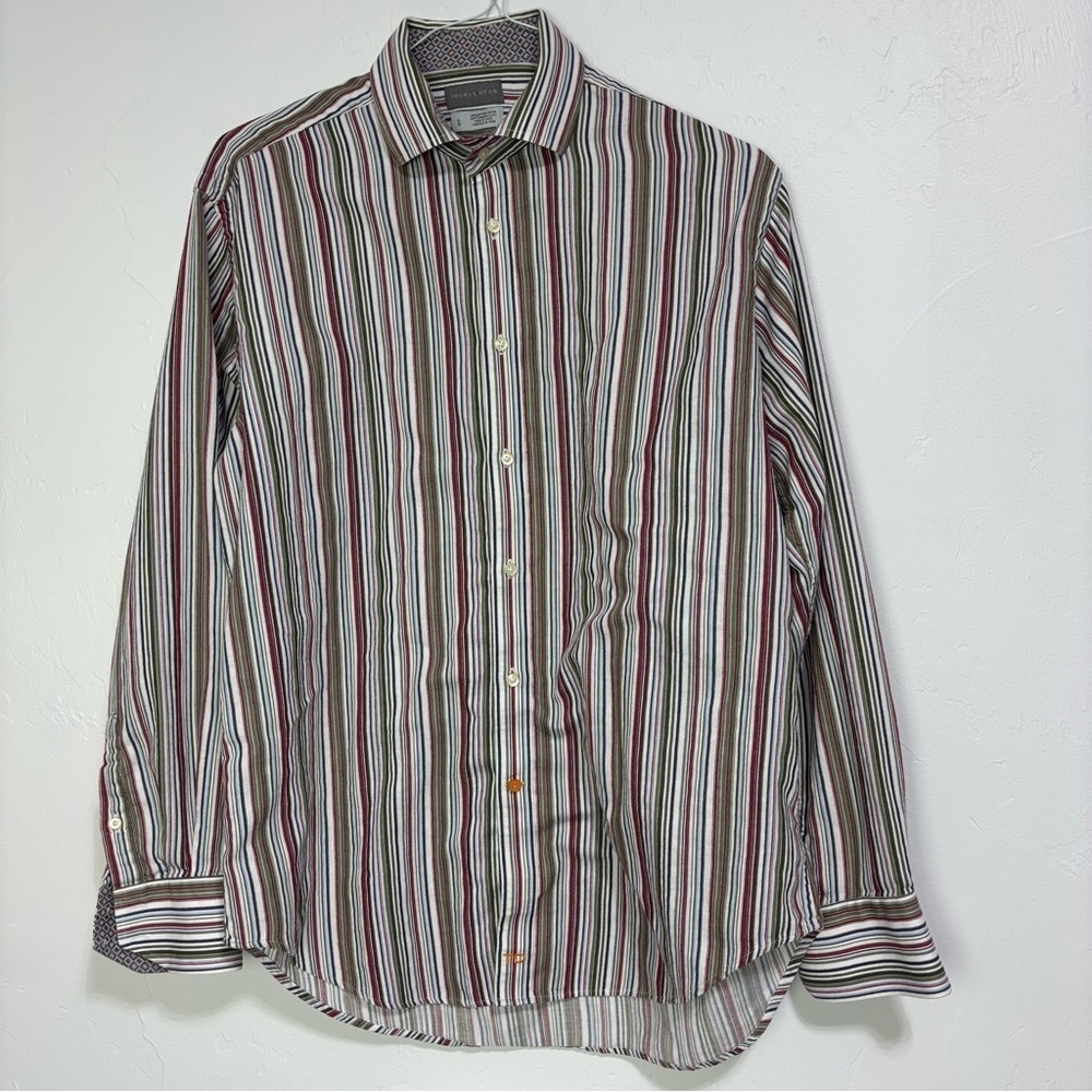 Thomas Dean Men's Button Front Down Dress Shirt Long Sleeve Large Striped Cotton